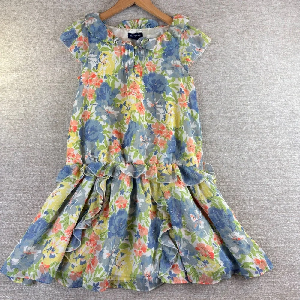 Ralph Lauren Girls Blue Floral Chiffon Ruffle Dress Size 12 373177008 Dainty